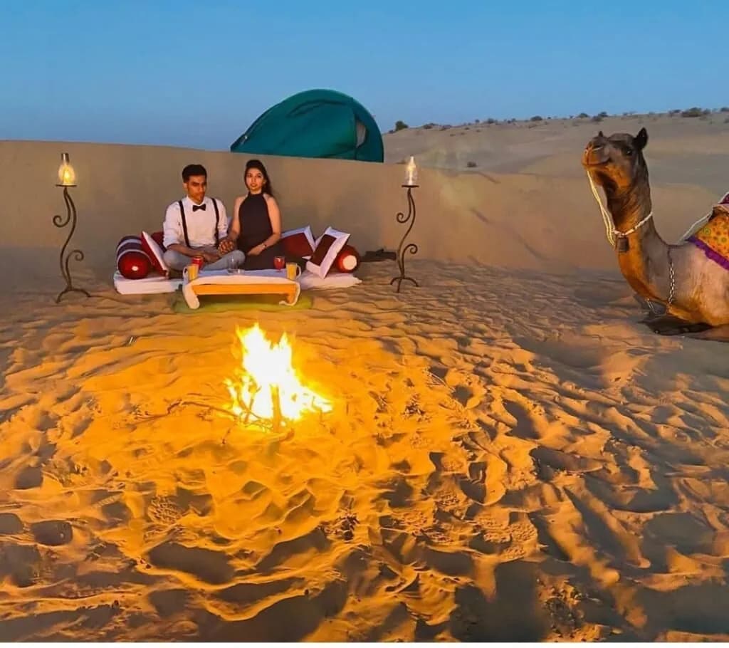 Campfire and dinner at a desert camp near Jaisalmer